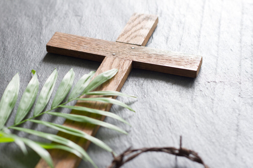 Easter Wooden Cross On Black Marble Background Religion Abstract
